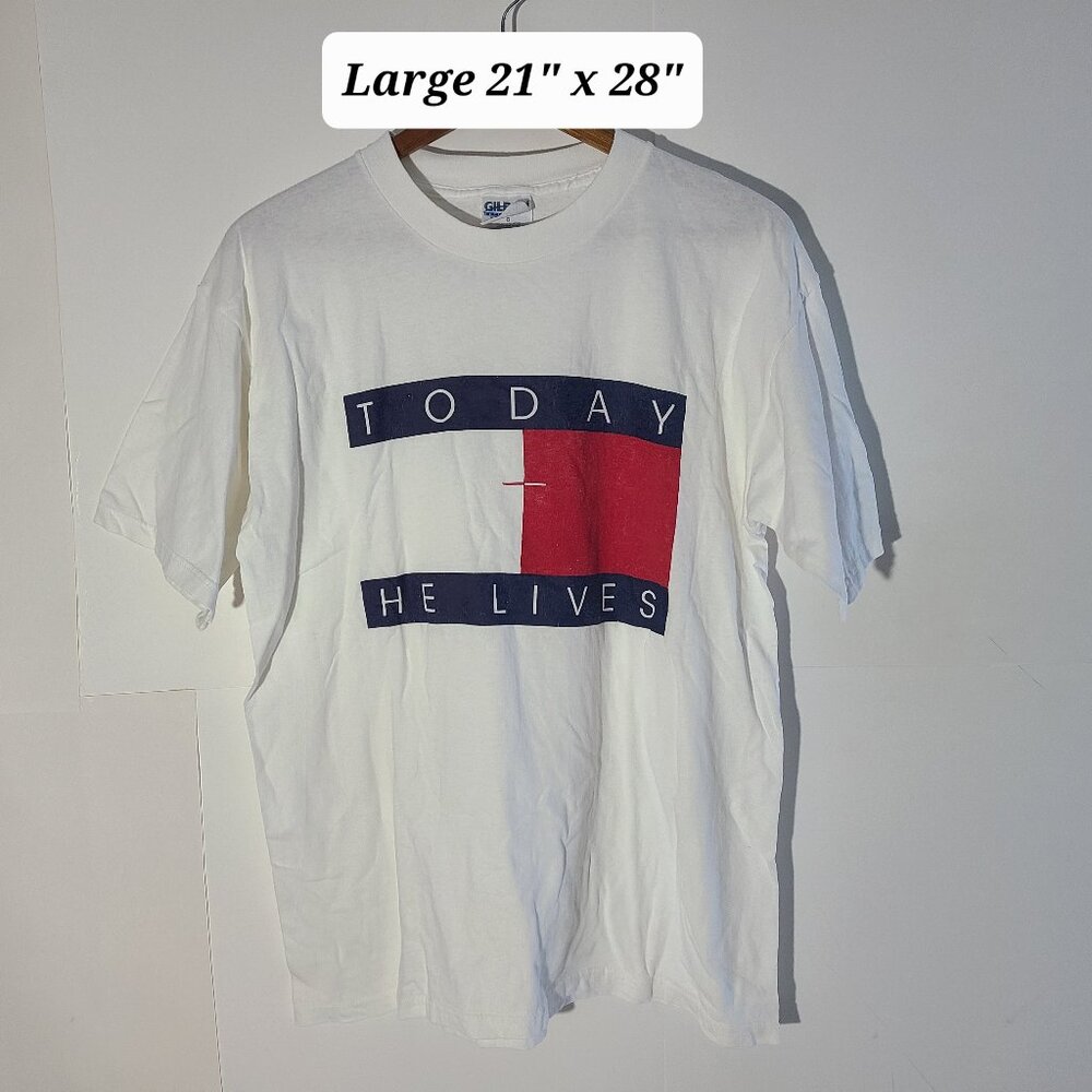 Vintage 90s "Today He Lives" Hilfiger Jesus Tee White SIze Large